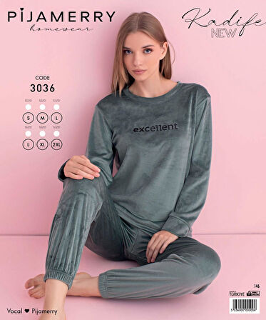 Pijamerry Kadın Kışlık Bisiklet Yaka Kadife Pijama Takımı 3036SY - 1 Adet