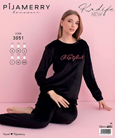 Pijamerry Kadın Kışlık Bisiklet Yaka Kadife Pijama Takımı 3051S - 1 Adet
