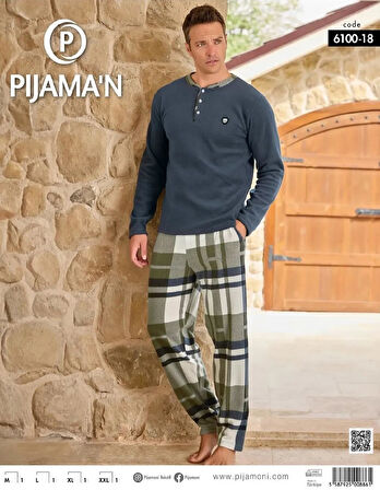 Pijamoni Erkek Düğme Yaka Kışlık Polar Pijama Takımı 6100/18 - 1 Adet