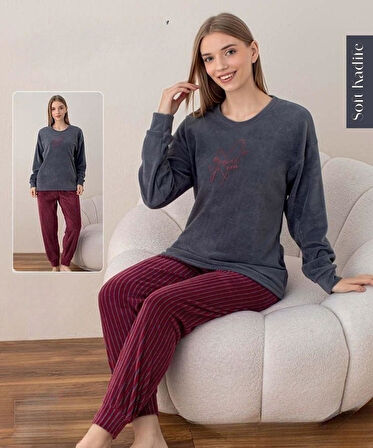 Boyraz Kadın Kışlık Bisiklet Yaka Soft Kadife Pijama Takımı 07037 - 1 Adet