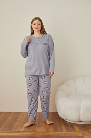 Lindros Kadın Pamuklu Düğme Yaka Raporlu İnterlok Battal Pijama Takımı 05102 - 1 Adet