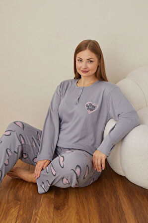 Lindros Kadın Pamuklu Düğme Yaka Raporlu İnterlok Battal Pijama Takımı 05102 - 1 Adet