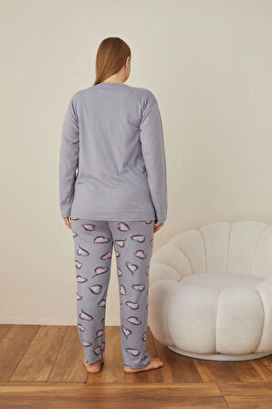 Lindros Kadın Pamuklu Düğme Yaka Raporlu İnterlok Battal Pijama Takımı 05102 - 1 Adet