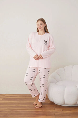 Lindros Kadın Pamuklu Düğme Yaka Raporlu İnterlok Battal Pijama Takımı 05109 - 1 Adet