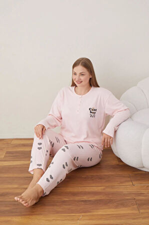 Lindros Kadın Pamuklu Düğme Yaka Raporlu İnterlok Battal Pijama Takımı 05109 - 1 Adet