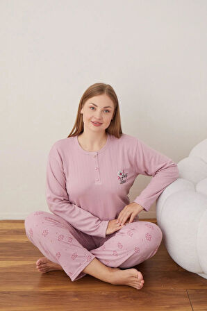 Lindros Kadın Pamuklu Düğme Yaka Raporlu İnterlok Battal Pijama Takımı 05111 - 1 Adet