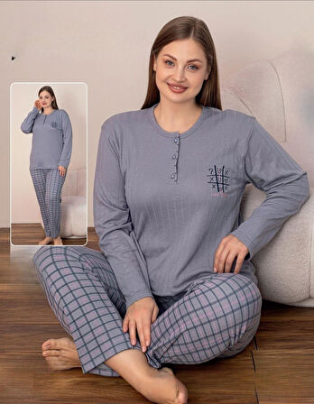 Lindros Kadın Pamuklu Düğme Yaka Raporlu İnterlok Battal Pijama Takımı 05131 - 1 Adet