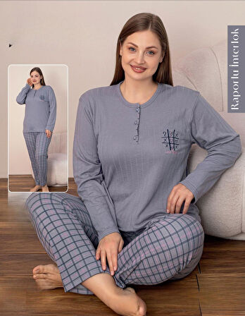 Lindros Kadın Pamuklu Düğme Yaka Raporlu İnterlok Battal Pijama Takımı 05131 - 1 Adet