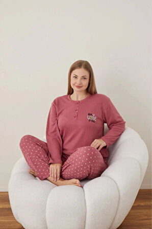 Lindros Kadın Pamuklu Düğme Yaka Raporlu İnterlok Battal Pijama Takımı 05121 - 1 Adet