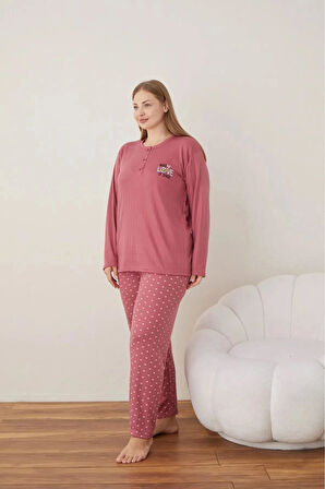 Lindros Kadın Pamuklu Düğme Yaka Raporlu İnterlok Battal Pijama Takımı 05121 - 1 Adet