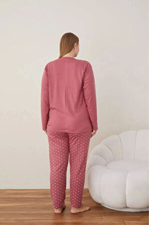 Lindros Kadın Pamuklu Düğme Yaka Raporlu İnterlok Battal Pijama Takımı 05121 - 1 Adet