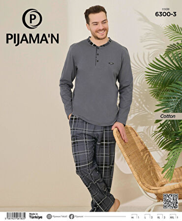 Pijamoni Erkek Pamuklu Düğme Yaka Uzun Kol İnce Pijama Takımı 100/3 - 1 Adet