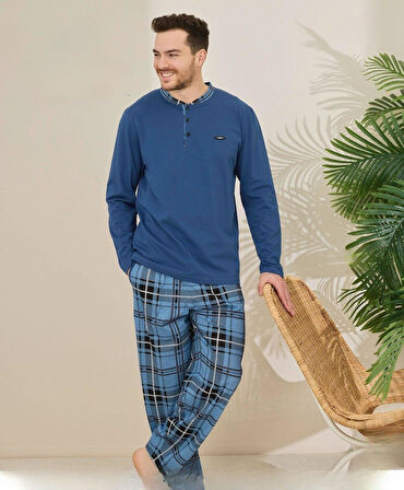Pijamoni Erkek Pamuklu Düğme Yaka Uzun Kol İnce Pijama Takımı 100/4 - 1 Adet