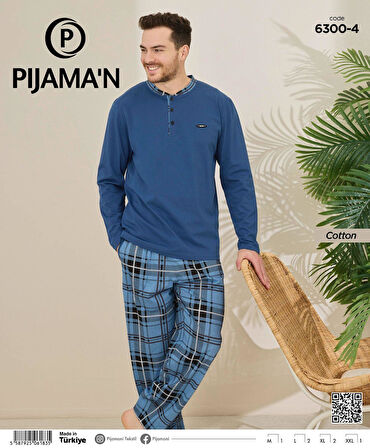 Pijamoni Erkek Pamuklu Düğme Yaka Uzun Kol İnce Pijama Takımı 100/4 - 1 Adet