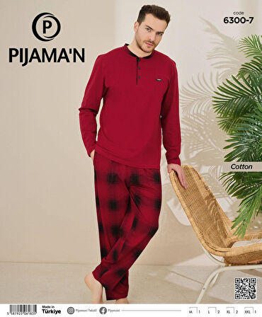 Pijamoni Erkek Pamuklu Düğme Yaka Uzun Kol İnce Pijama Takımı 100/7 - 1 Adet