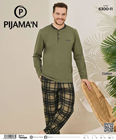Pijamoni Erkek Pamuklu Düğme Yaka Uzun Kol İnce Pijama Takımı 100/11 - 1 Adet
