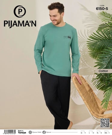 Pijamoni Erkek Pamuklu Bisiklet Yaka Uzun Kol İnce Pijama Takımı 6150/5 - 1 Adet