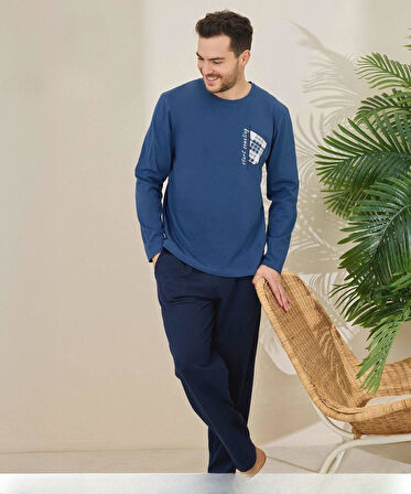 Pijamoni Erkek Pamuklu Bisiklet Yaka Uzun Kol İnce Pijama Takımı 6150/6 - 1 Adet