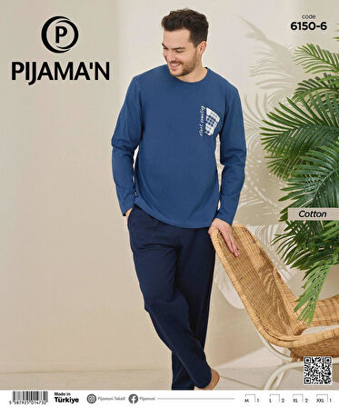 Pijamoni Erkek Pamuklu Bisiklet Yaka Uzun Kol İnce Pijama Takımı 6150/6 - 1 Adet