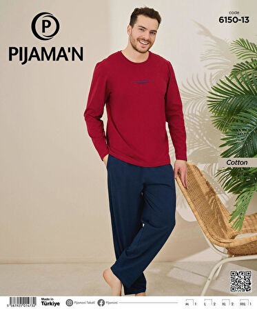 Pijamoni Erkek Pamuklu Bisiklet Yaka Uzun Kol İnce Pijama Takımı 6150/13 - 1 Adet