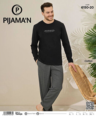 Pijamoni Erkek Pamuklu Bisiklet Yaka Uzun Kol İnce Pijama Takımı 6150/20 - 1 Adet