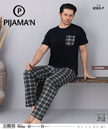 Pijamoni Erkek Bisiklet Yaka Kısa Kol İnce Pijama Takımı 6163/7 - 1 Adet