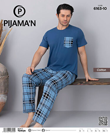 Pijamoni Erkek Bisiklet Yaka Kısa Kol İnce Pijama Takımı 6163/10 - 1 Adet