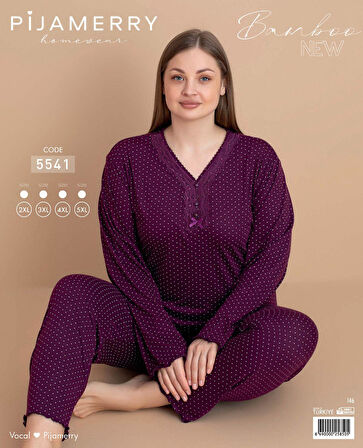 Pijamerry Kadın Büyük Beden Dantel Yaka Bambu Uzun Kol İnce Pijama Takımı 5541 - 1 Adet