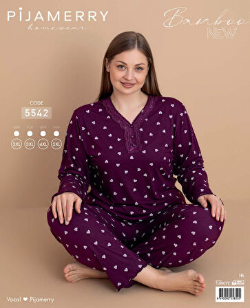 Pijamerry Kadın Büyük Beden Dantel Yaka Bambu Uzun Kol İnce Pijama Takımı 5542 - 1 Adet