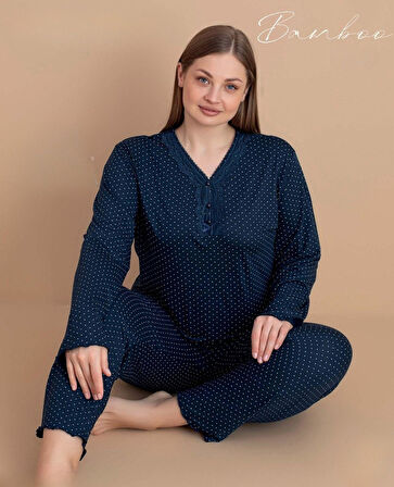 Pijamerry Kadın Büyük Beden Dantel Yaka Bambu Uzun Kol İnce Pijama Takımı 5543 - 1 Adet