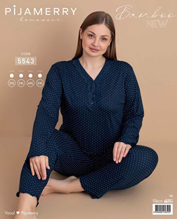 Pijamerry Kadın Büyük Beden Dantel Yaka Bambu Uzun Kol İnce Pijama Takımı 5543 - 1 Adet