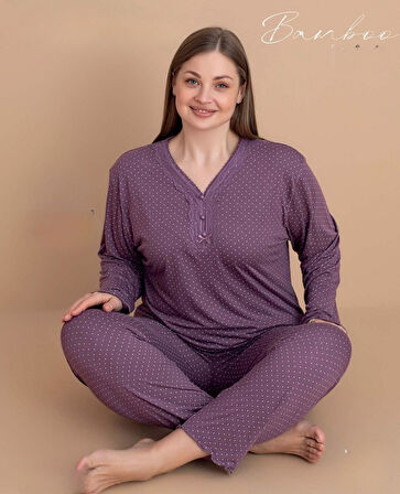 Pijamerry Kadın Büyük Beden Dantel Yaka Bambu Uzun Kol İnce Pijama Takımı 5546 - 1 Adet
