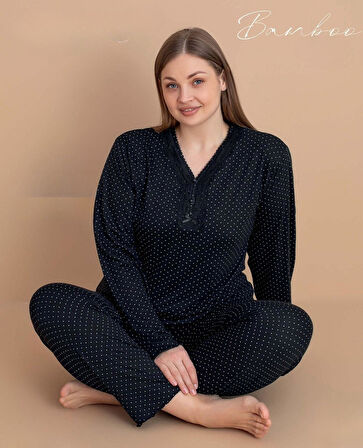 Pijamerry Kadın Büyük Beden Dantel Yaka Bambu Uzun Kol İnce Pijama Takımı 5545 - 1 Adet
