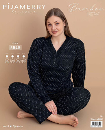 Pijamerry Kadın Büyük Beden Dantel Yaka Bambu Uzun Kol İnce Pijama Takımı 5545 - 1 Adet