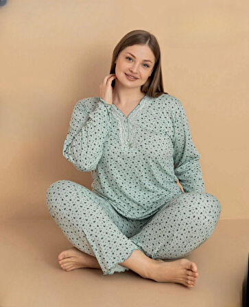 Pijamerry Kadın Büyük Beden Dantel Yaka Bambu Uzun Kol İnce Pijama Takımı 5670 - 1 Adet