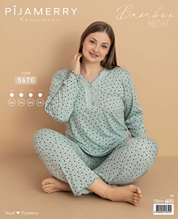 Pijamerry Kadın Büyük Beden Dantel Yaka Bambu Uzun Kol İnce Pijama Takımı 5670 - 1 Adet