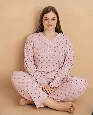 Pijamerry Kadın Büyük Beden Dantel Yaka Bambu Uzun Kol İnce Pijama Takımı 5673 - 1 Adet