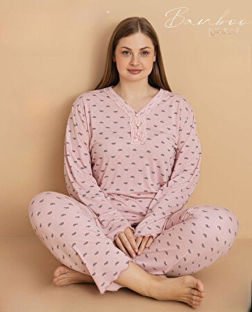 Pijamerry Kadın Büyük Beden Dantel Yaka Bambu Uzun Kol İnce Pijama Takımı 5673 - 1 Adet