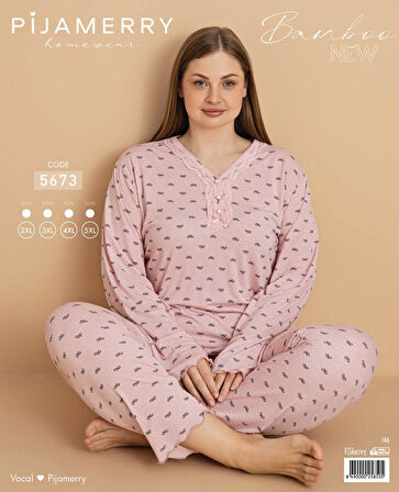 Pijamerry Kadın Büyük Beden Dantel Yaka Bambu Uzun Kol İnce Pijama Takımı 5673 - 1 Adet