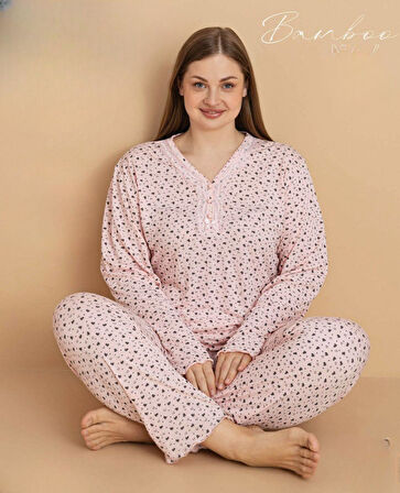 Pijamerry Kadın Büyük Beden Dantel Yaka Bambu Uzun Kol İnce Pijama Takımı 5674 - 1 Adet