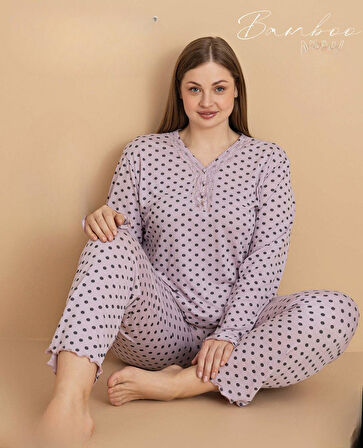Pijamerry Kadın Büyük Beden Dantel Yaka Bambu Uzun Kol İnce Pijama Takımı 5675 - 1 Adet