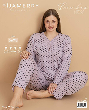 Pijamerry Kadın Büyük Beden Dantel Yaka Bambu Uzun Kol İnce Pijama Takımı 5675 - 1 Adet