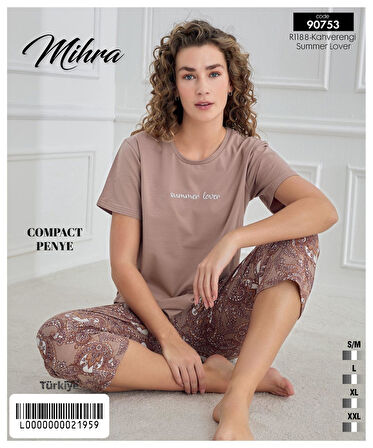 Mihra Kadın Bisiklet Yaka COMPACT PENYE Likralı KAPRİ Kısa Kol Pijama Takımı 90753K - 1 Adet