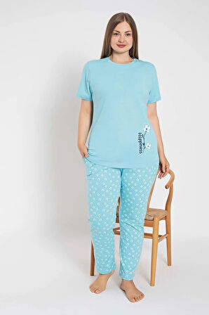 Senfoni Kadın Büyük Beden Bisiklet Yaka Kısa Kol Pamuklu Pijama Takımı 6083 -1 Adet