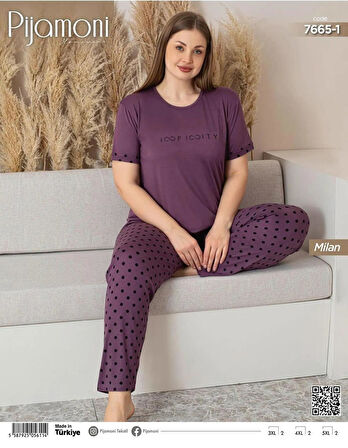 Pijamoni Kadın Milan Büyük Beden Bisiklet Yaka Kısa Kol İnce Pijama Takımı 7665/1- 1 Adet