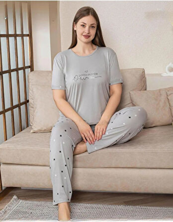 Pijamoni Kadın Milan Büyük Beden Bisiklet Yaka Kısa Kol İnce Pijama Takımı 7665/7- 1 Adet