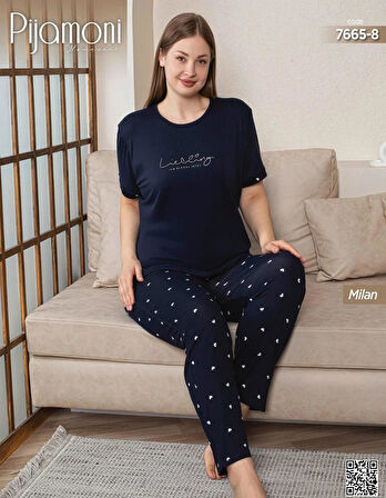 Pijamoni Kadın Milan Büyük Beden Bisiklet Yaka Kısa Kol İnce Pijama Takımı 7665/8- 1 Adet