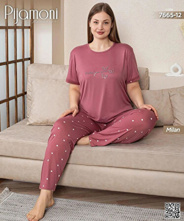 Pijamoni Kadın Milan Büyük Beden Bisiklet Yaka Kısa Kol İnce Pijama Takımı 7665/12- 1 Adet
