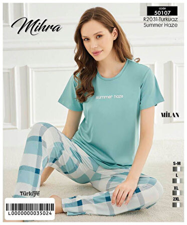 Mihra Kadın Bisiklet Yaka MİLAN Likralı Kısa Kol Pijama Takımı 50107Turkuaz - 1 Adet