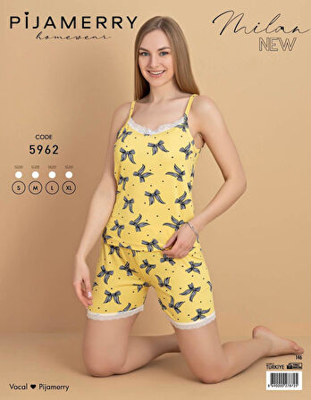 Pijamerry Kadın İp Askılı MİLAN Kumaş Likralı Şortlu Pijama Takımı 5962 - 1 Adet